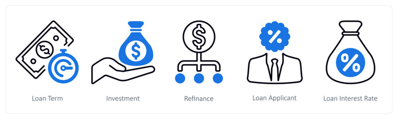 A set of 5 mix icons as loan term, investment, refinance