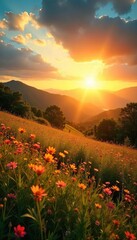 Fototapeta premium Golden Hour Sunlight Illuminates Vibrant Summer Landscape, Perfect for Travel, Nature, and Holiday Promotion