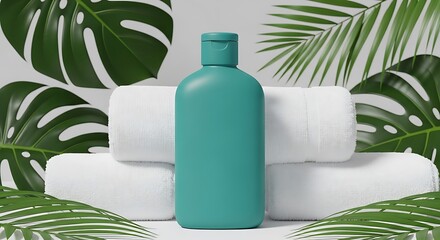 Teal bottle and white towels surrounded by tropical leaves.