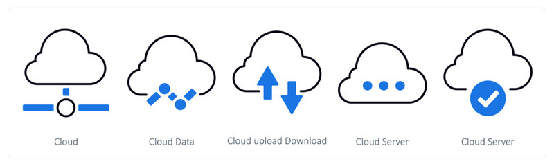 A set of 5 mix icons as cloud, cloud data, cloud upload download