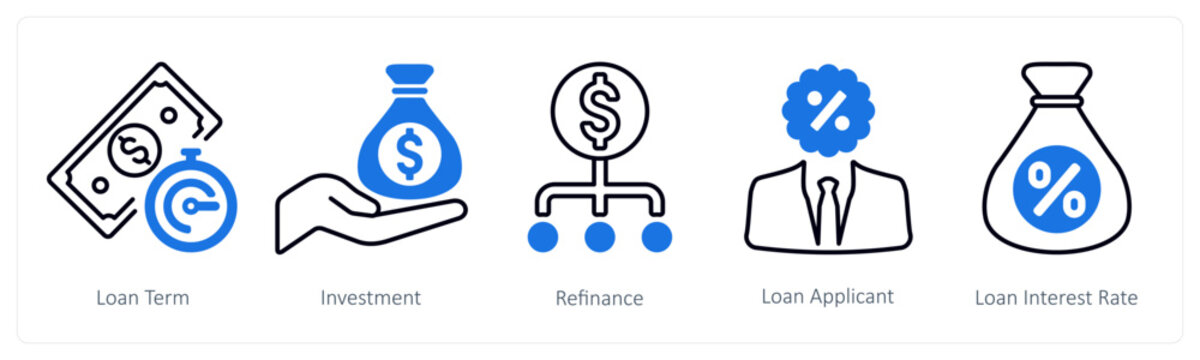 A set of 5 mix icons as loan term, investment, refinance