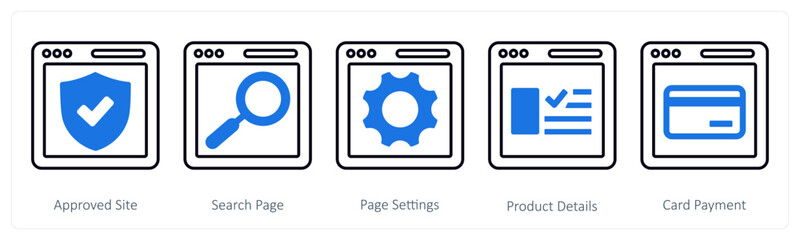 A set of 5 mix icons as approved site, search page, page settings