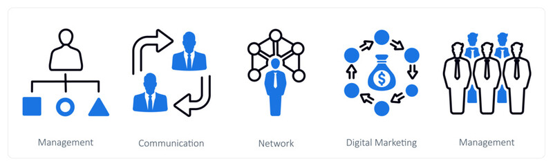 A set of 5 mix icons as management, communication, network