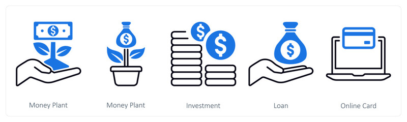 A set of 5 mix icons as money plant, investment, loan