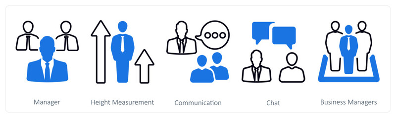 A set of 5 mix icons as manager, height measurement, communication