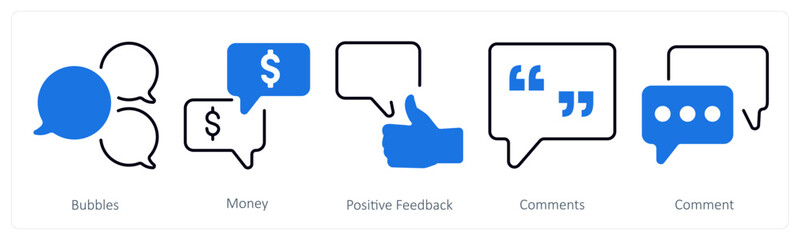 A set of 5 mix icons as bubbles, money, positive feedback