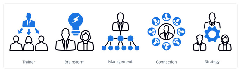 A set of 5 mix icons as trainer, brainstorm, management