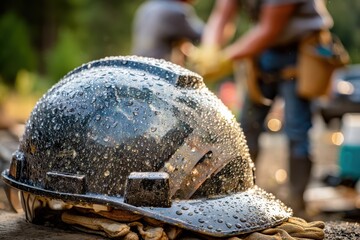 Water Droplets on a Construction Hard Hat with Laborers Preparing in the Background Amidst a Natural Outdoor Setting