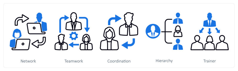 A set of 5 mix icons as network, teamwork, coordination