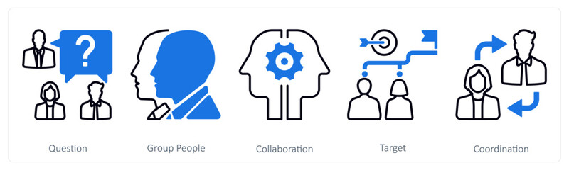 A set of 5 mix icons as question, group people, collaboration