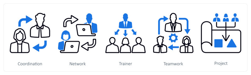 A set of 5 mix icons as coordination, network, trainer