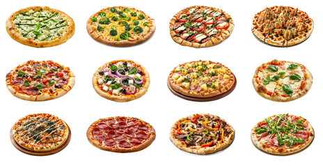 Pizzas from different restaurent menu on transparent background
