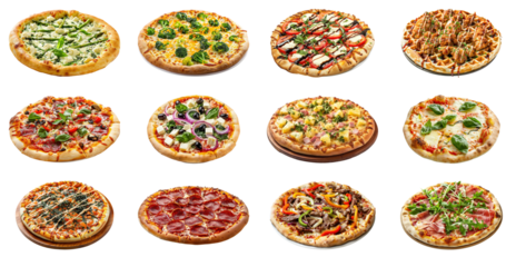 Pizzas from different restaurent menu on transparent background