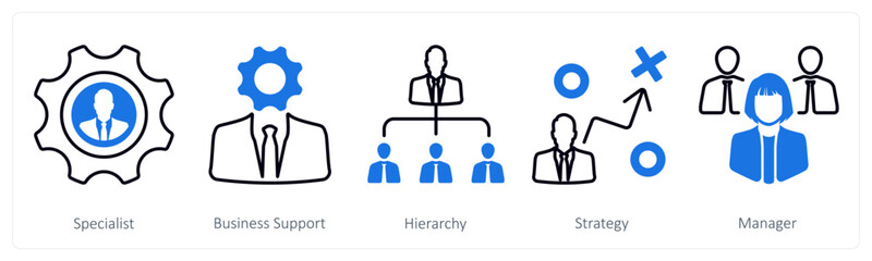 A set of 5 mix icons as specialist, business support, hierarchy