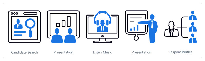 A set of 5 mix icons as candidate search, presentation, listen music