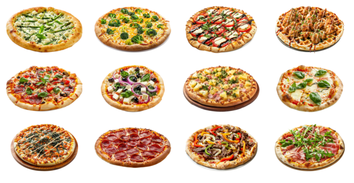 Pizzas from different restaurent menu on transparent background
