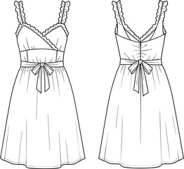 Ruffle strap mini dress with bow belt, V-neckline and gathered waist, fashion cad flat sketch, front and back view