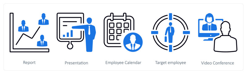 A set of 5 mix icons as report, presentation, employee calendar