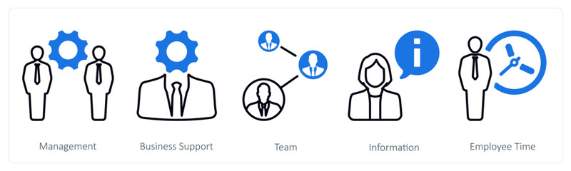 A set of 5 mix icons as management, buisness support, team