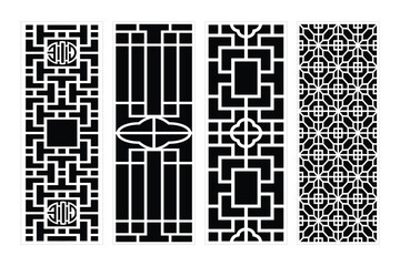 Set Of Four Black And White Asian Inspired Geometric Panel Designs