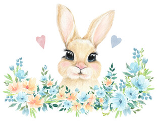 bunny rabbit with floral border watercolor illustration PNG transparent background 