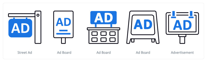 A set of 5 mix icons as street ad, ad board, advertisement