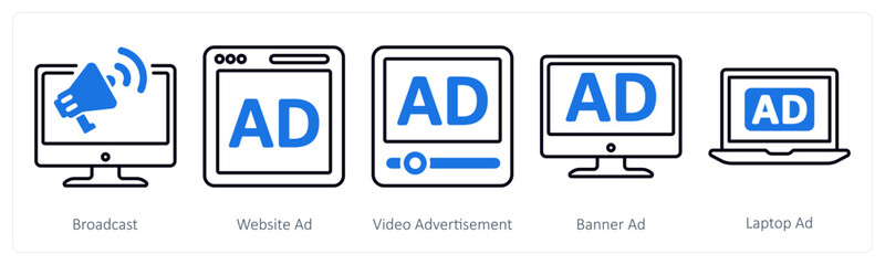 A set of 5 mix icons as broadcast, website ad, video advertisement 