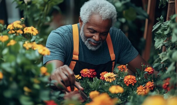 Senior African American man gardening in his garden, planting flowers and plants. Black dad enjoying nature outdoors. Fathers Day banner concept, Generative AI