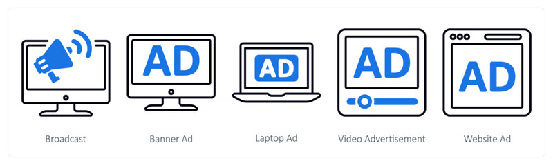 A set of 5 mix icons as broadcast, baner ad, laptop ad