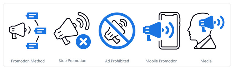 A set of 5 mix icons as promotion method, stop promotion, ad prohibited