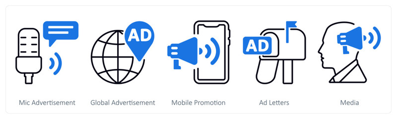 A set of 5 mix icons as mic advertisement, global advertisement, mobile promotion