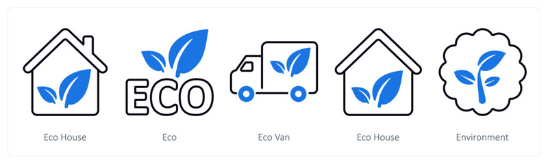 A set of 5 mix icons as eco house, eco, eco van