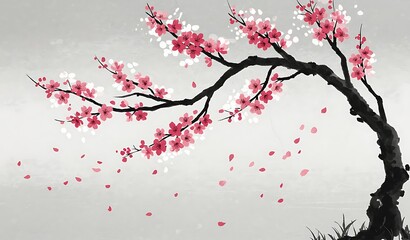 Delicate cherry blossoms on a graceful tree branch.