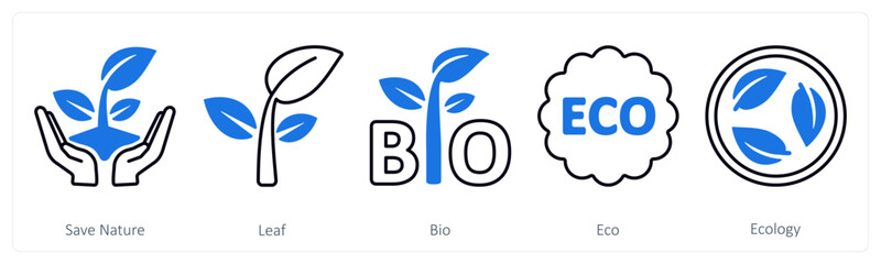 A set of 5 mix icons as save nature, leaf, bio