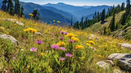 Alpine meadow in the Alps with a summer mountain landscape, green grass, and colorful wildflowers under a scenic sky