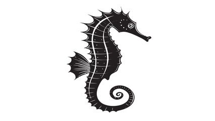 Stylized black seahorse silhouette with detailed fins and curled tail on a white background
