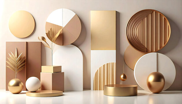 金と茶色の幾何学の物体がある空間。3D。立体的なブロックスタイル。Space with gold and brown geometric objects. 3D. Three-dimensional block style.