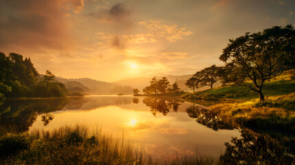 Obraz premium Sunrise Serenity: Embracing Stillness and Mindfulness through Nature's Beauty in a Tranquil Landscape