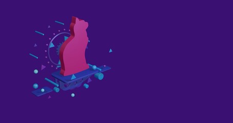 Pink cat symbol on a pedestal of abstract geometric shapes floating in the air. Abstract concept art with flying shapes on the left. 3d illustration on deep purple background