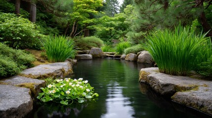 Japanese garden pond with water lilies and lush vegetation