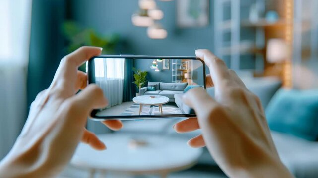 Virtual Interior Design: Hands hold a smartphone displaying an augmented reality view of a stylish living room, showcasing the application of technology in visualizing home decor. 
