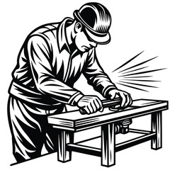 Fototapeta premium Craftsman planing wood with tool worker woodworking