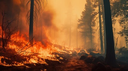 Orange flames from a raging wildfire burn through the night forest, a dangerous blaze of red and yellow light