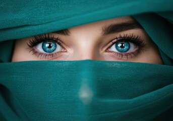Close up of woman with bright blue eyes and teal fabric covering face