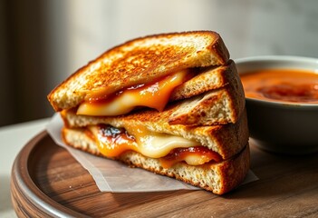 Gourmet grilled cheese sandwich with roasted red pepper soup