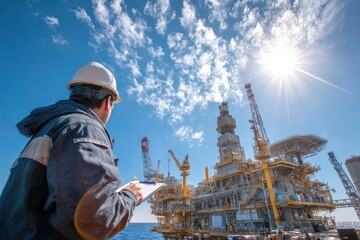 Worker Overseeing Oil Rig Operations in Bright Blue Sky with Sunlight and Wispy Clouds, Emphasizing Industrial Activity and Safety Protocols in Offshore Environment