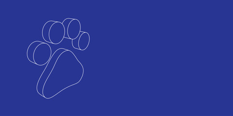 The outline of a large pet symbol made of white lines on the left. 3D view of the object in perspective. Vector illustration on indigo background