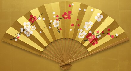 Ornate gold fan with cherry blossom design.