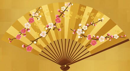 Ornate gold fan adorned with delicate cherry blossoms.