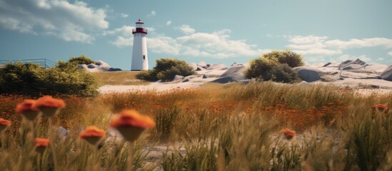 View from the top of the mountain with a white lighthouse on a green island coast under a cloudy sky